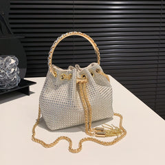 Rhinestone Bucket Bag Top Ring Clutch Purse Drawstring Crossbody Bag