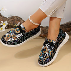 Women's Cow & Leopard Print Slip On Canvas Shoes Low Round Toe Casual & Light