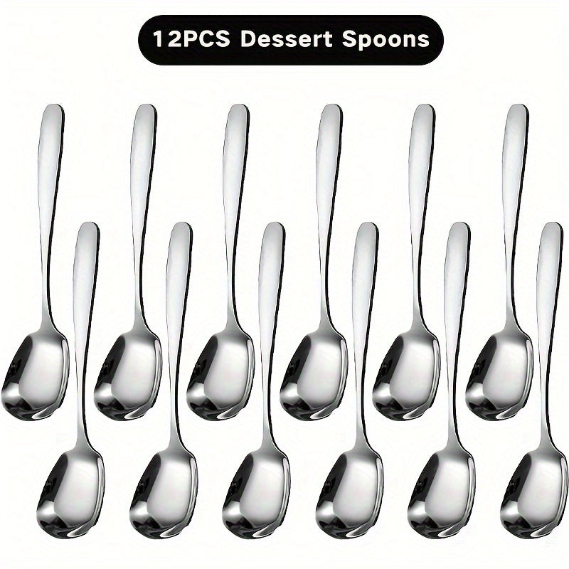 12pcs Stainless Steel Dessert Spoons Set - Mirror Polished Ice Cream Scoop
