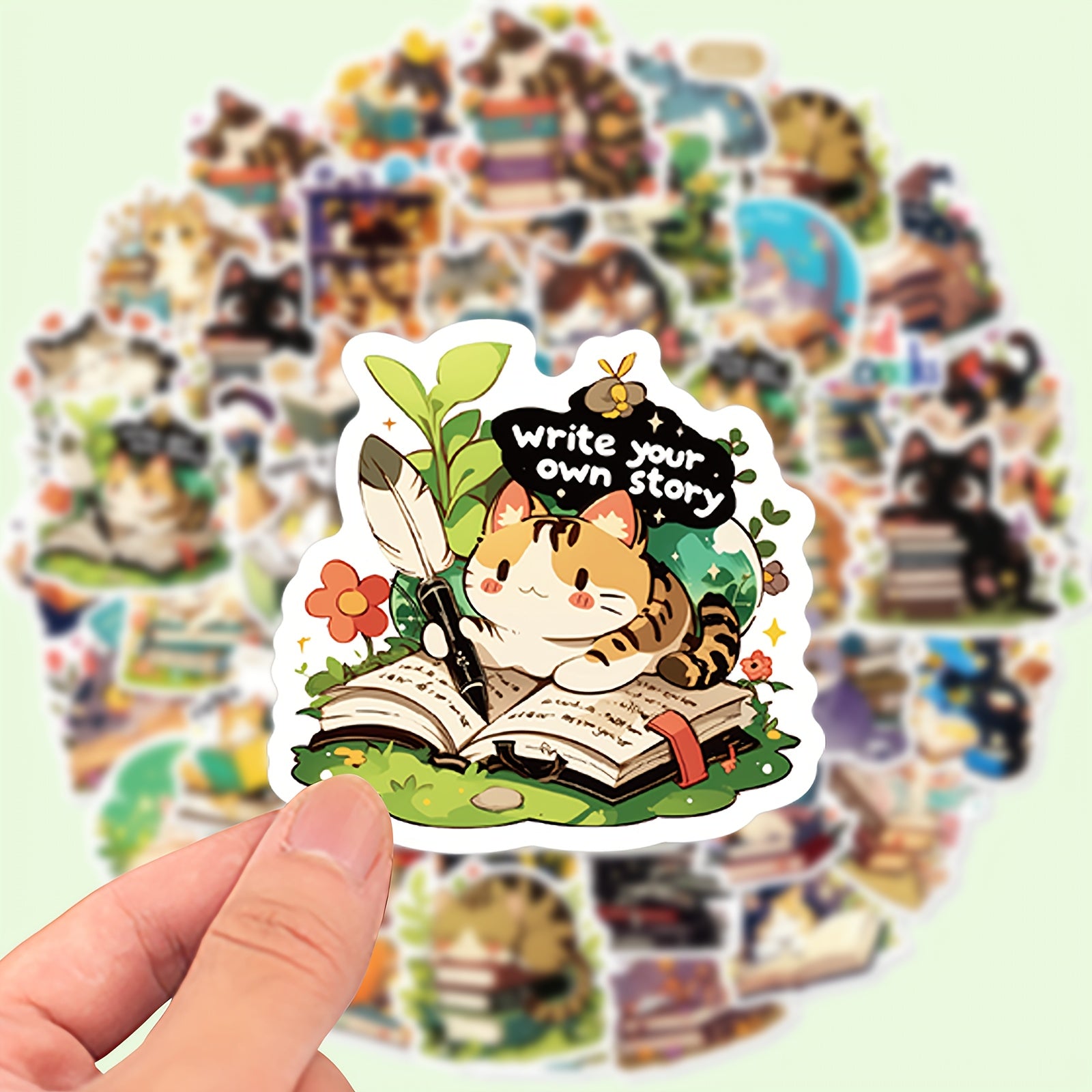 50pcs Reusable Cat Reading Stickers for Laptops Water Bottles Notebooks