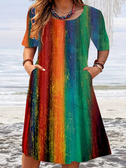  Colorblock Stripe Print Short Sleeve Casual Dress With Pockets