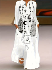 Women's Plus Moon & Feather Print Maxi Dress with Pockets