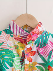 Boys Leaf & Flower Print Outfit Shirt & Shorts Kids Summer Clothes Sets