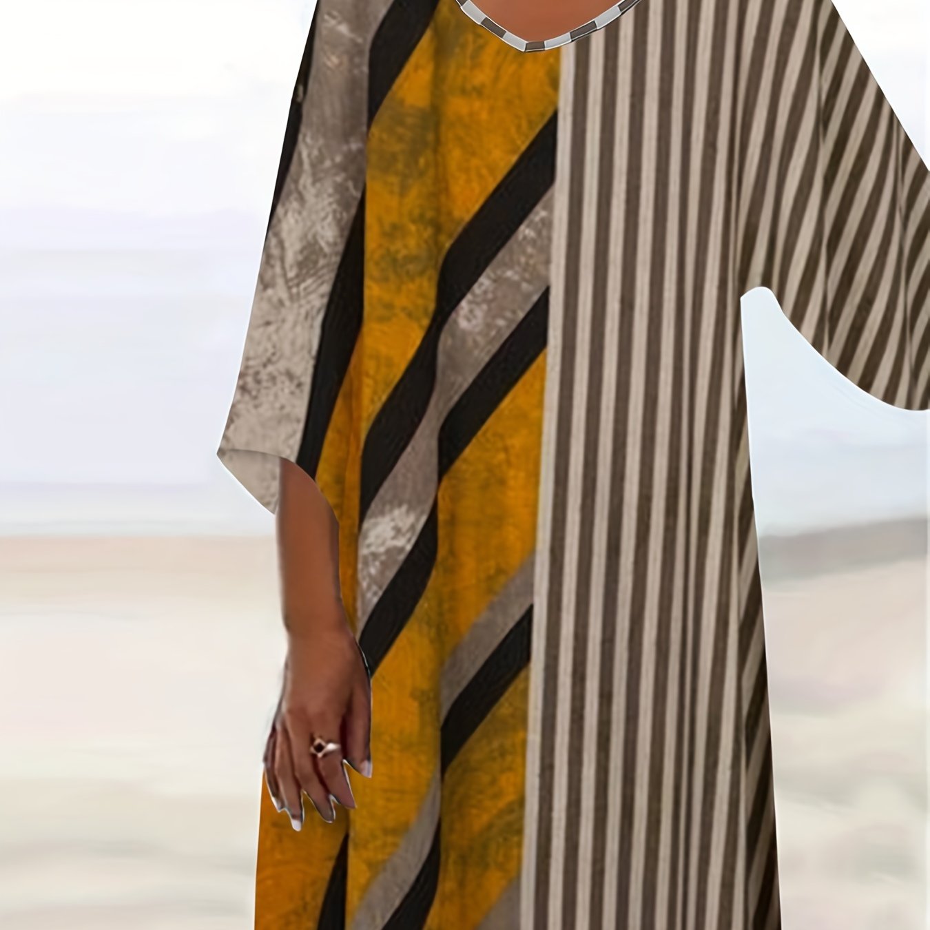  Colorblock Stripe Print V Neck Dress