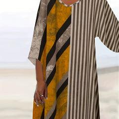  Colorblock Stripe Print V Neck Dress