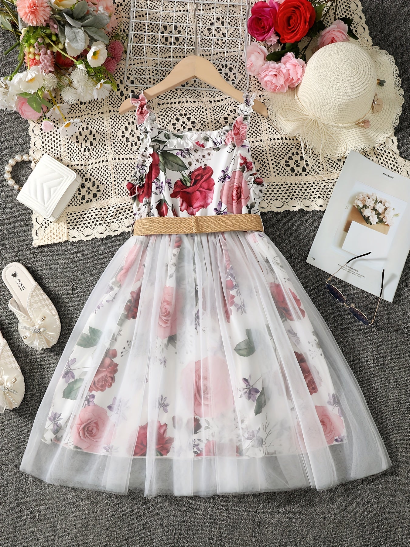Girls Floral Print Mesh Tulle Cami Dress with Belt