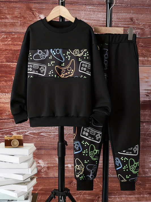 Gamepad Pattern Boy's 2pcs Hoodie & Sweatpants Set Street Style Casual Outfits
