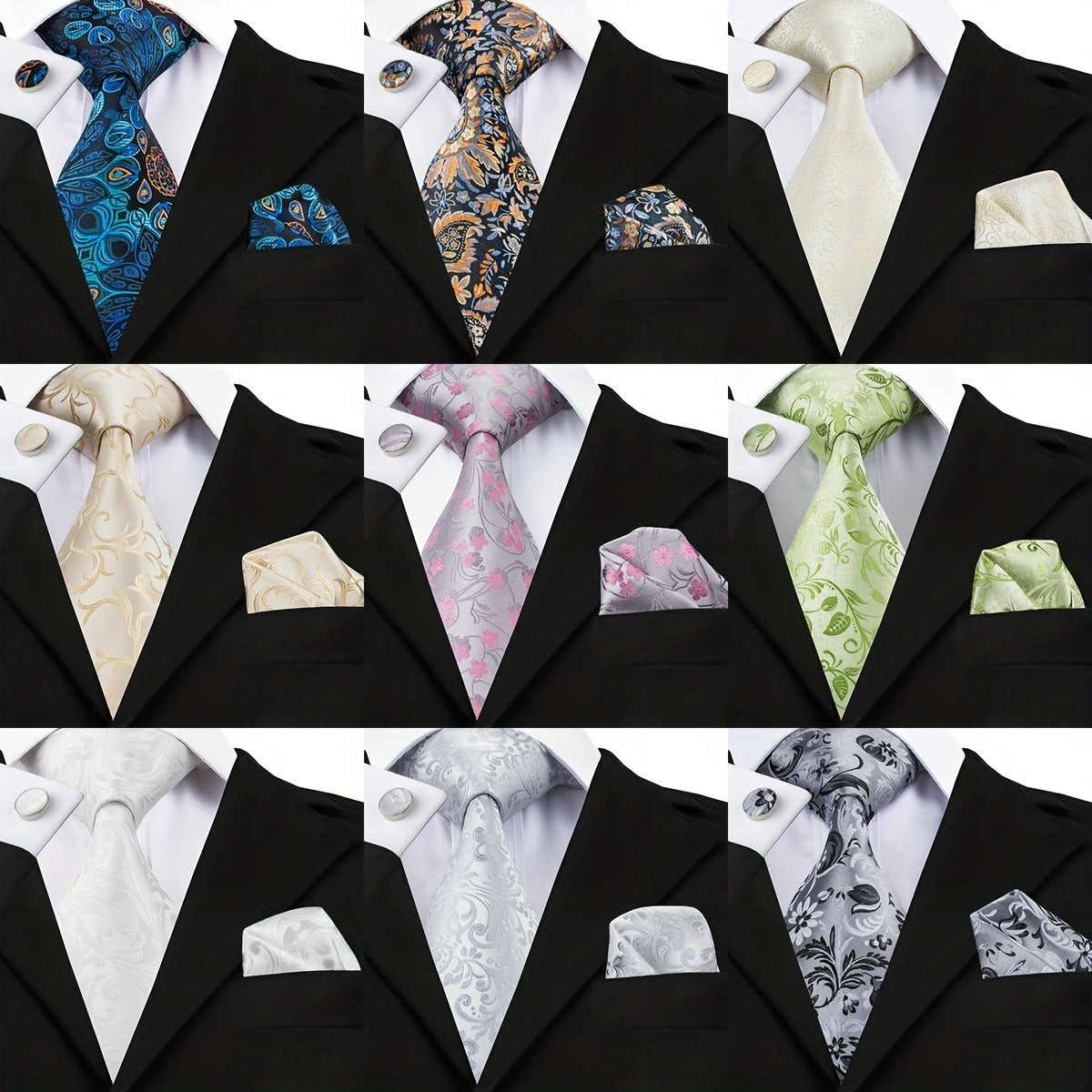 Men's Floral Necktie Set with Clip and Handkerchief