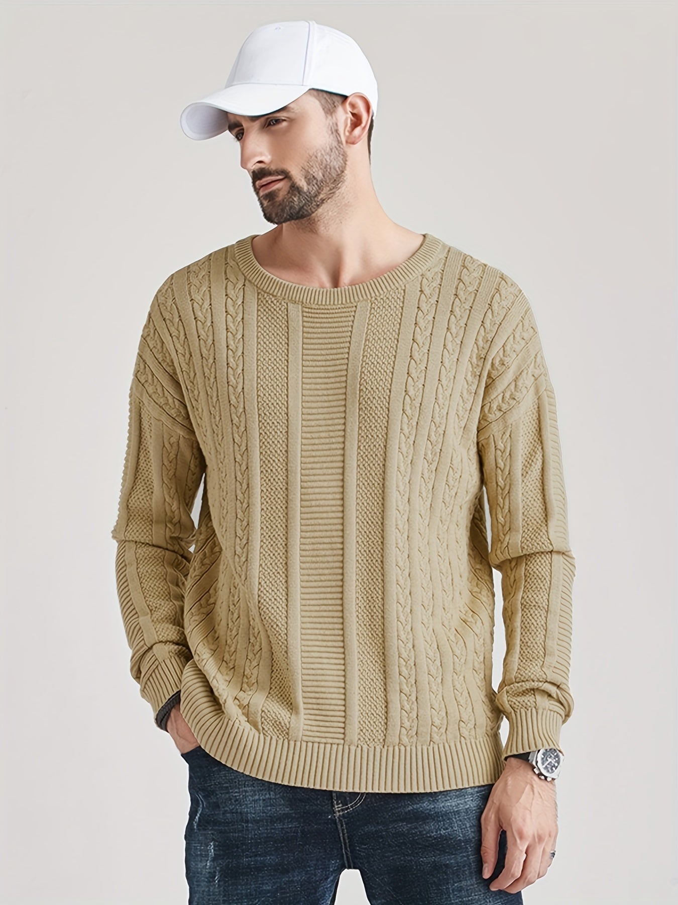 Knitted Cable Sweater Men's Casual Warm Crew Neck Pullover