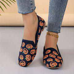 Women's Pumpkin Print Flat Shoes Breathable Knit Square Toe Shoes