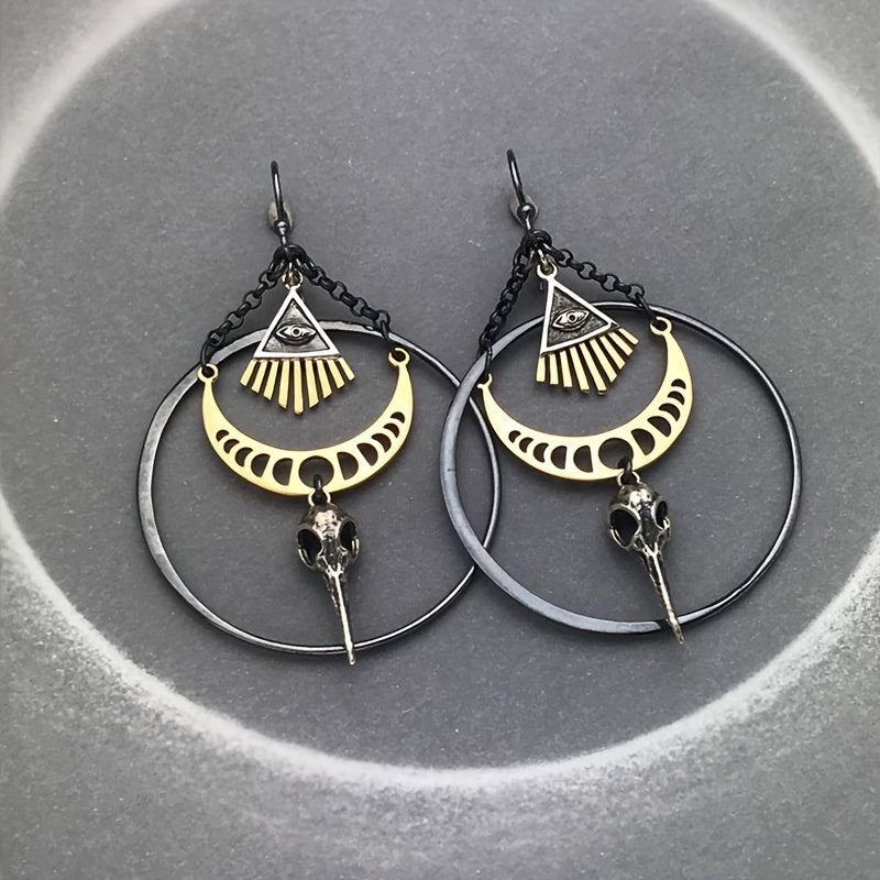 Vintage Moon Crow Evil Eye Big Hoop Earrings Exaggerated Punk Earrings