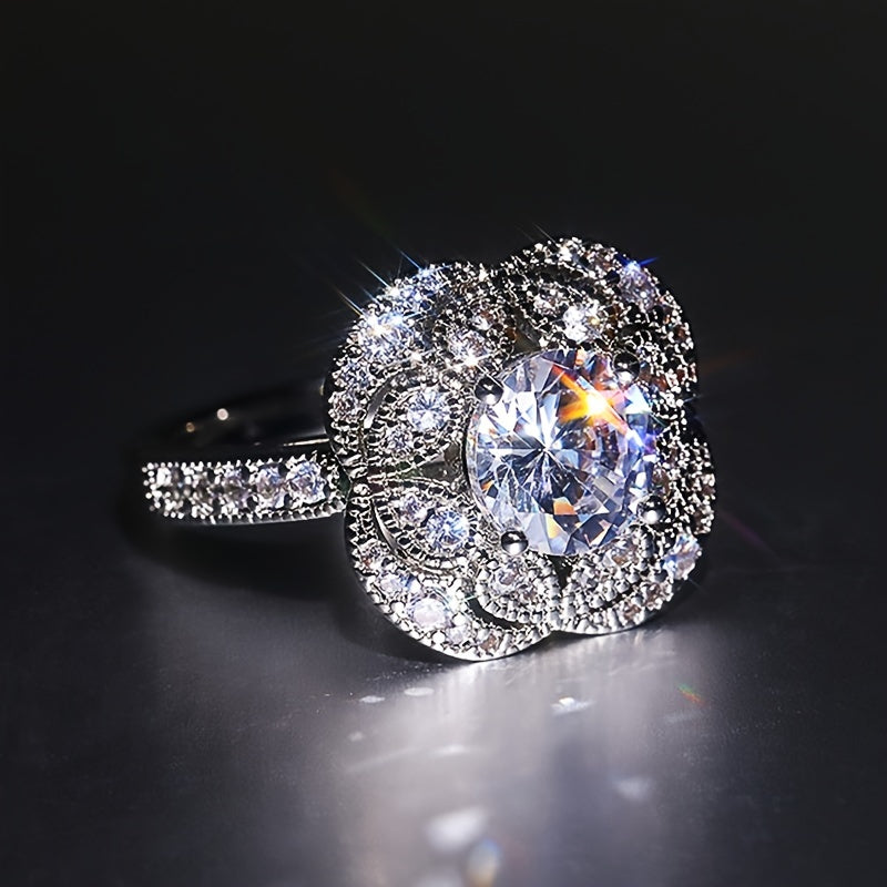 Vintage Flower Zircon Ring Round Zircon Inlaid Ladies Ring