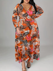 Plus Size Leaf Print Long Sleeve Maxi Dress