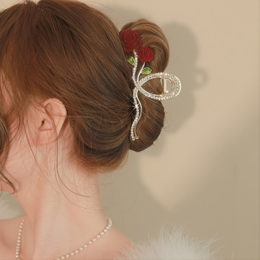 Red Rose Rhinestone Hair Claw Clip Strong Grip Hair Jaw Clip