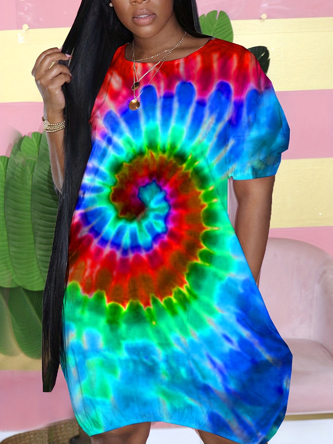  Tie Dye Short Sleeve Round Neck Dress