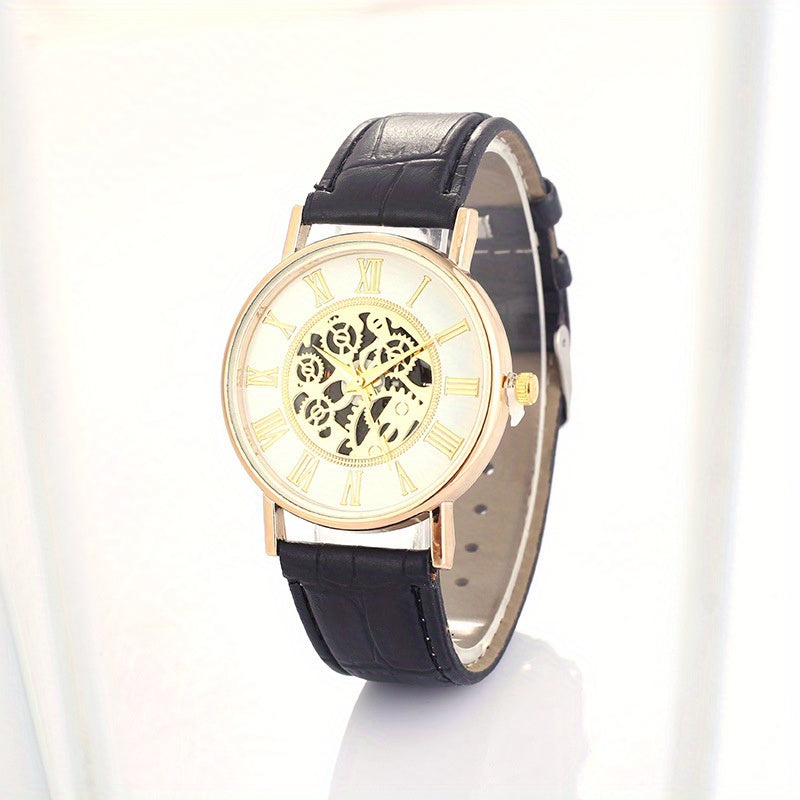 Leisure Couple Watch Roman Hollow Mechanical Quartz Leather Strap