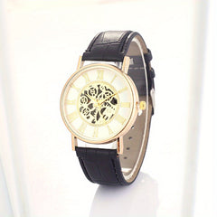 Leisure Couple Watch Roman Hollow Mechanical Quartz Leather Strap