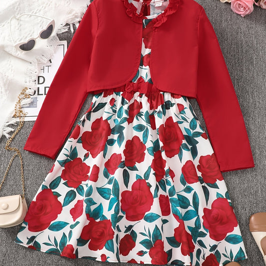 Girls Long Sleeve Top And Matching Rose Print Dress