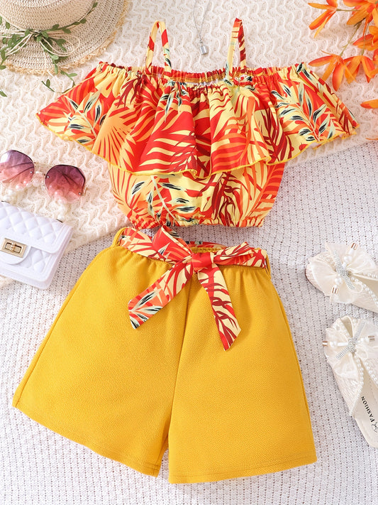 Girls Hawaiian Graphic Ruffle Top & Belted Shorts Set for Party Vacation