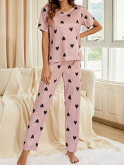 Heart Print Pajamas Set Short Sleeve Tee Top & Pants PJ Set