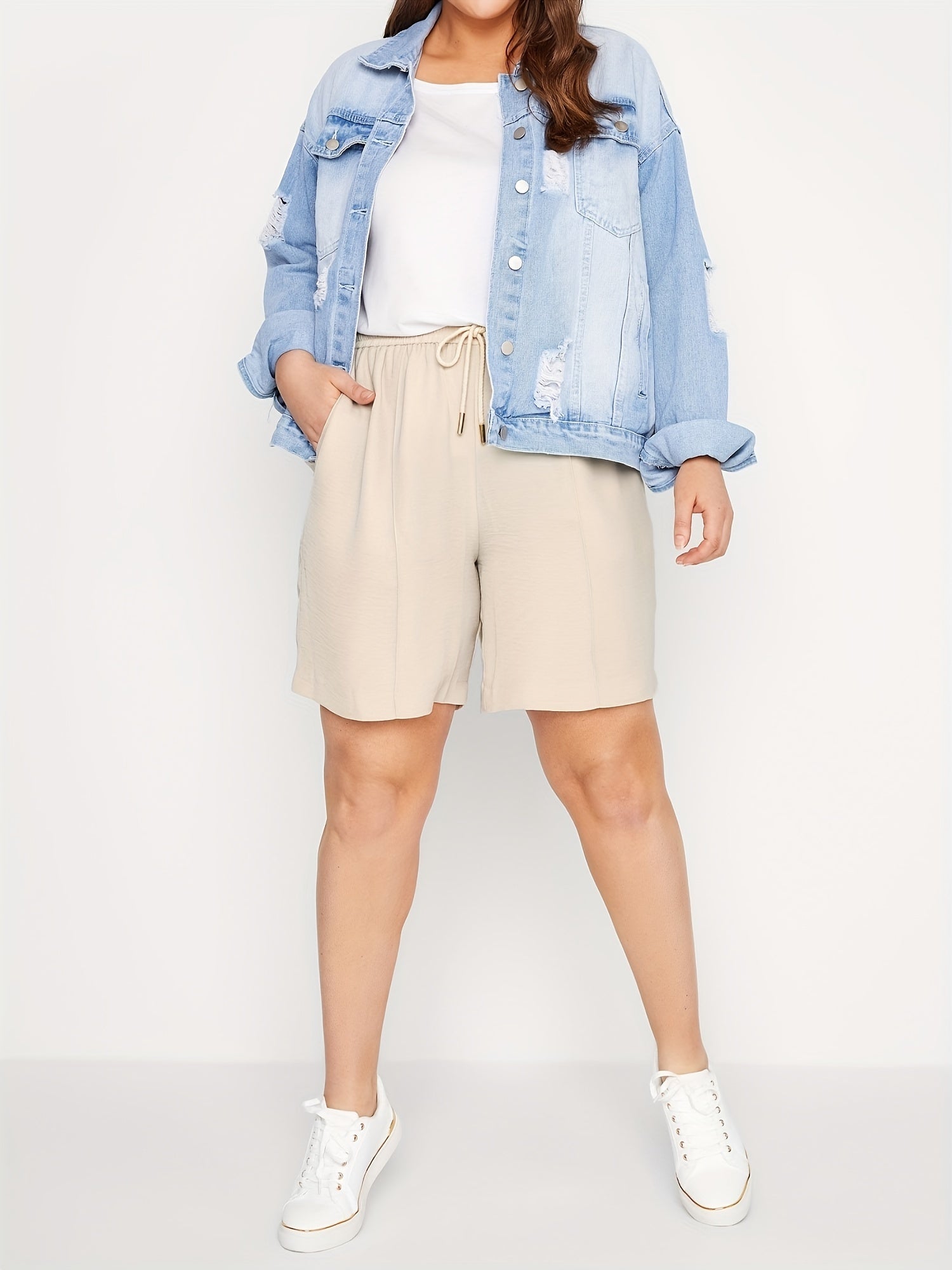  Casual Shorts Women's Plus Elastic Waist Loose Wide Leg Drawstring Sho