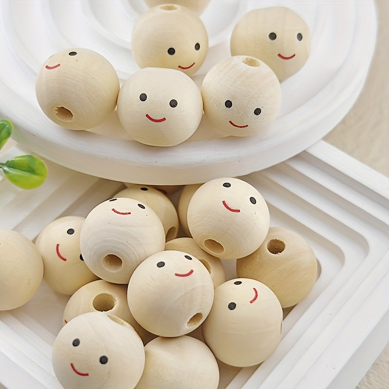 20pcs Smiling Face Wooden Beads Round Expression Loose Beads