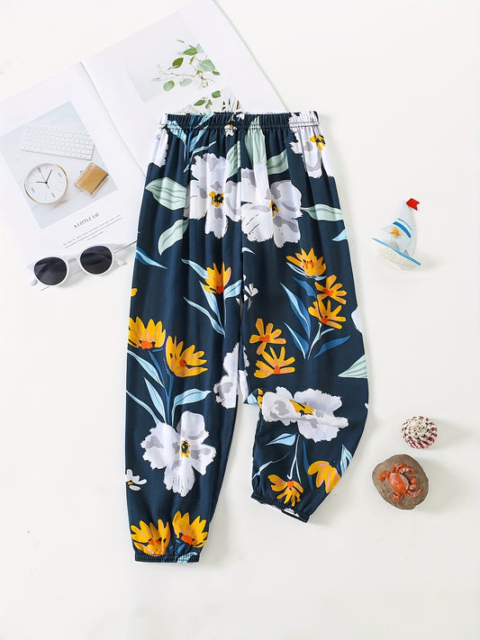Toddler Girls Flower Graphic Loose Jogger Pants Elastic Waist Thin Trousers