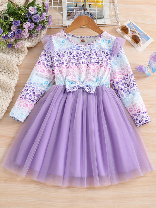 Girls' Leopard Stitching Mesh Tutu Dress for Spring