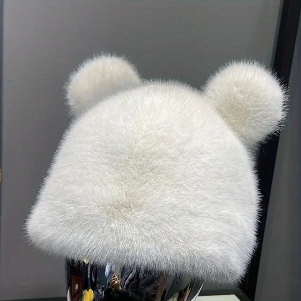 Bear Ears Plush Cloche Hats Faux Fur Warm Bucket Hat