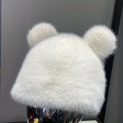 Bear Ears Plush Cloche Hats Faux Fur Warm Bucket Hat