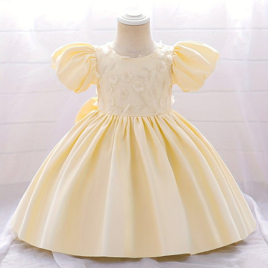 Girls Puff Sleeve Princess Dress with Flower Decor