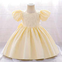 Girls Puff Sleeve Princess Dress with Flower Decor