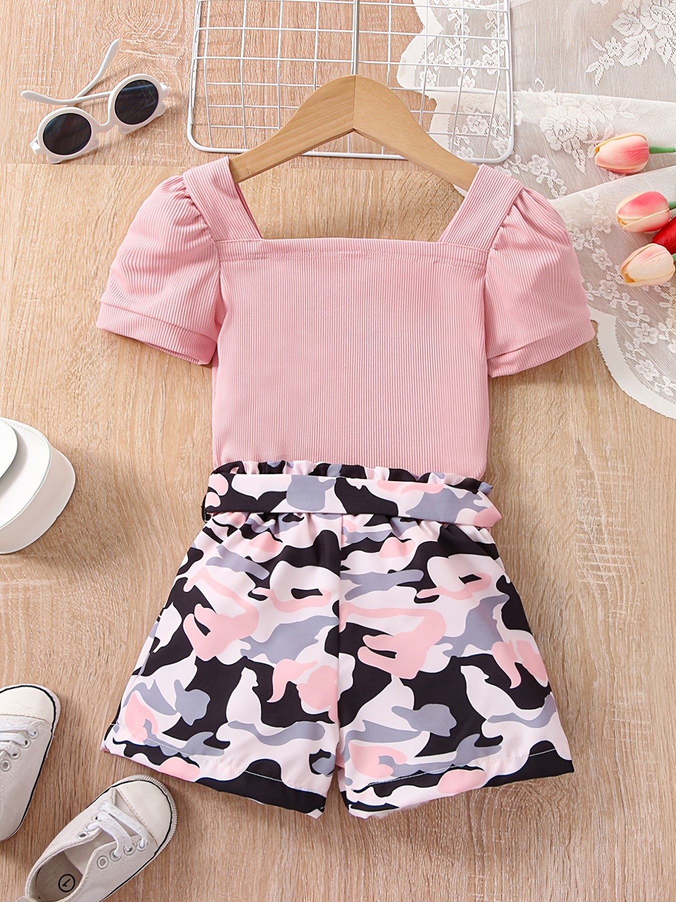 Girls Square Neck Top & Camouflage Shorts Set Kids Summer Clothes