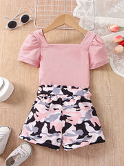 Girls Square Neck Top & Camouflage Shorts Set Kids Summer Clothes