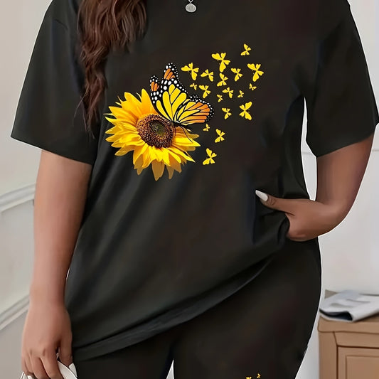 Women's Plus Letter Flag & Cow Print Crew Neck Top & Shorts Set