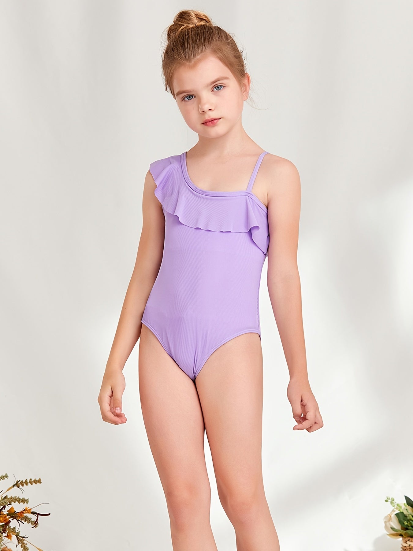 Toddler Girls One Piece Swimsuit Ruffle Trim Asymmetrical Neck