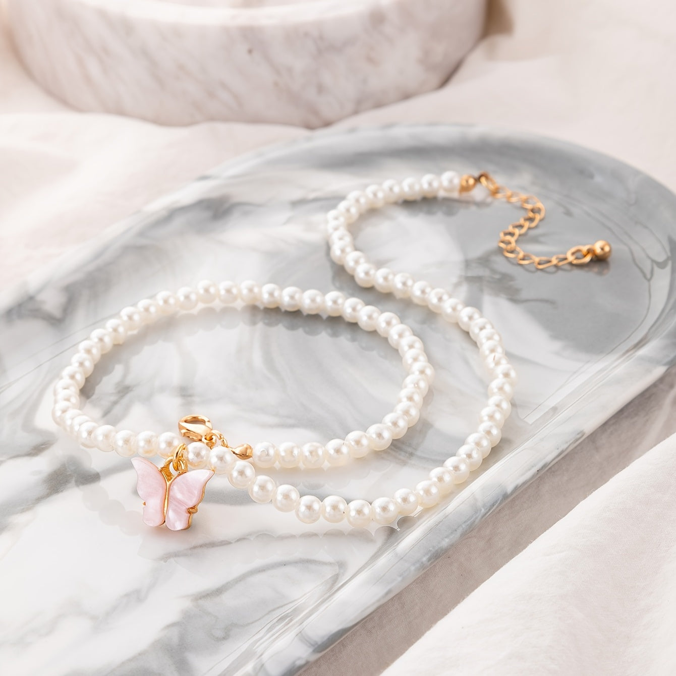 Beaded Necklace Faux Pearls Butterfly Choker Chain for Women