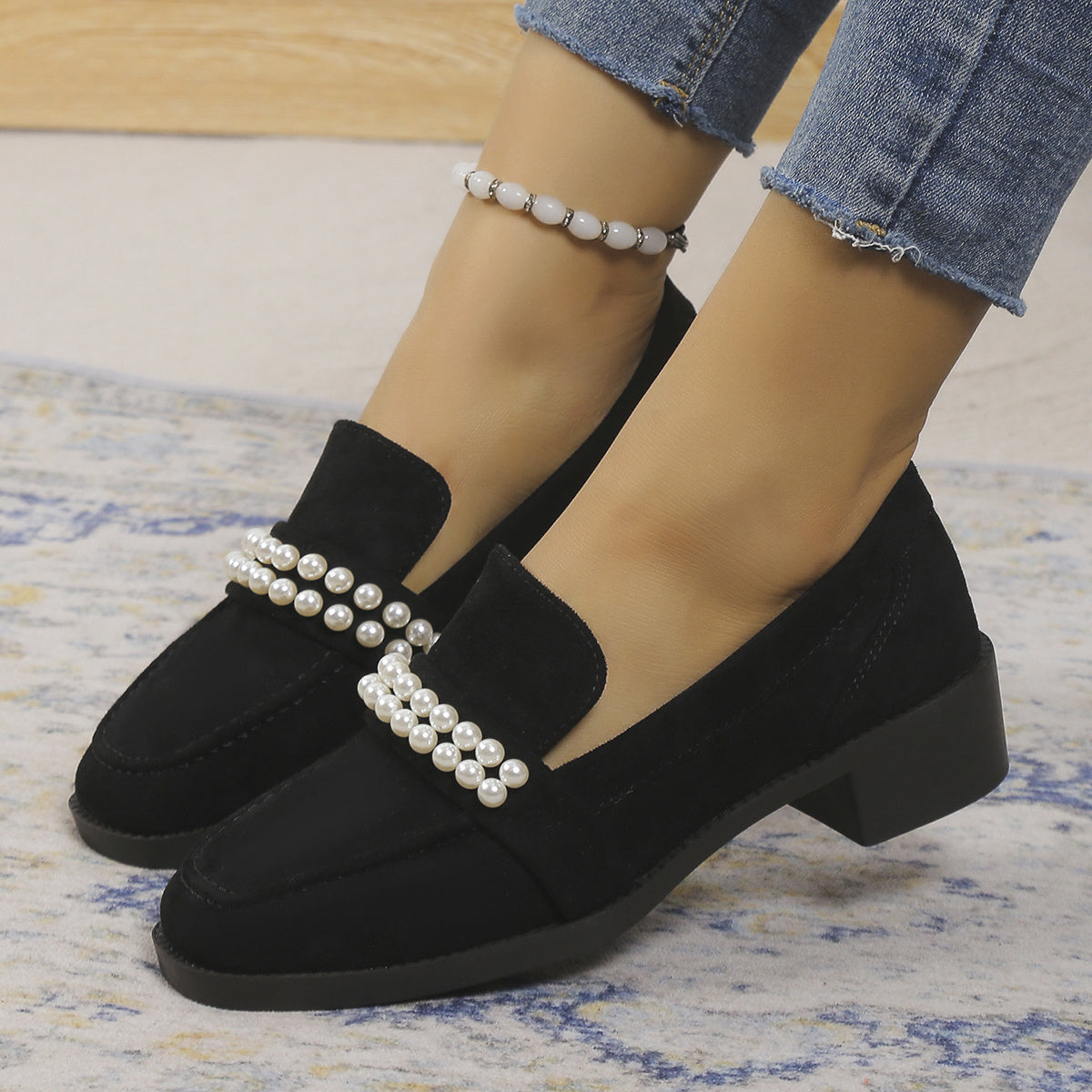 Retro Pearl Loafers Chunky Heel Shoes