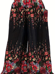 Floral Print High Rise Wide Leg Trousers With Belt