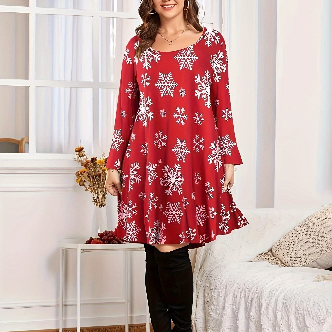  Christmas Dress Women's Plus Allover Print Long Sleeve