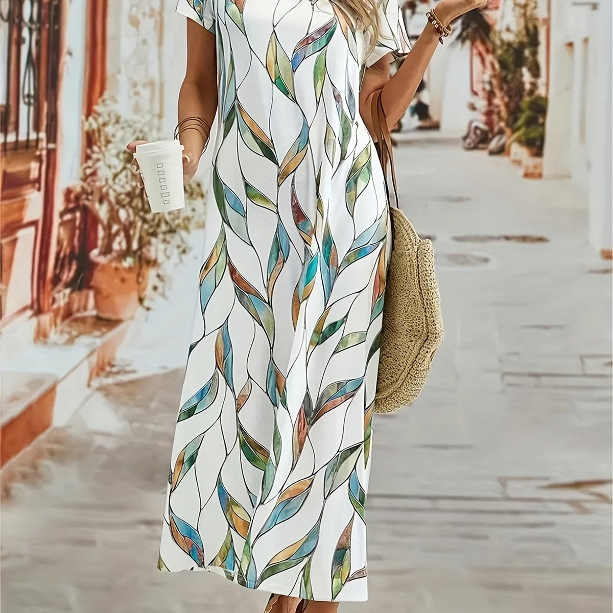Boho Leaves Print Maxi Dress Short Sleeve Casual Dress
