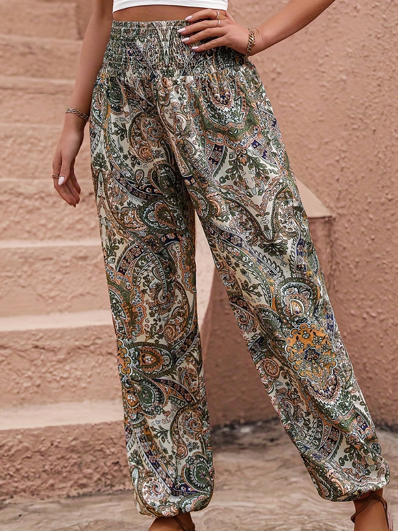  Boho Pants Women's Plus Paisley Print Wide Leg Harem Pants