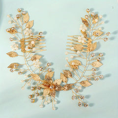 Vintage Forest Style Leaf Hair Comb with Pearl and Rhinestone for Photography