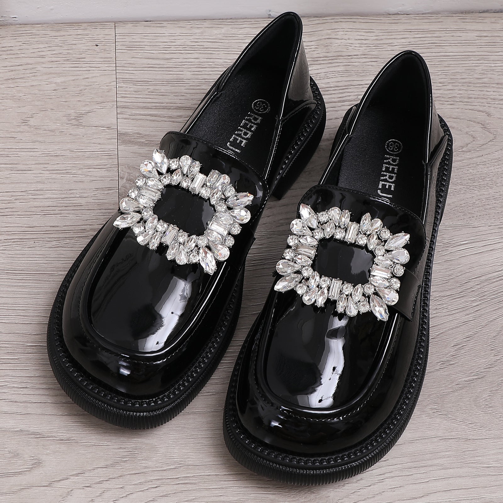 Women's Rhinestone Loafers Slip On Shoes British Style
