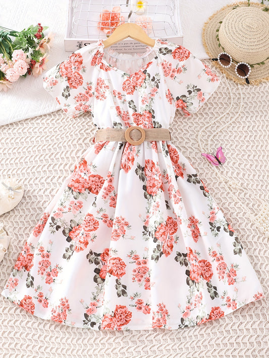 Girls Boho Floral Casual Dress With Belt V-Neck Flying Sleeve for Party