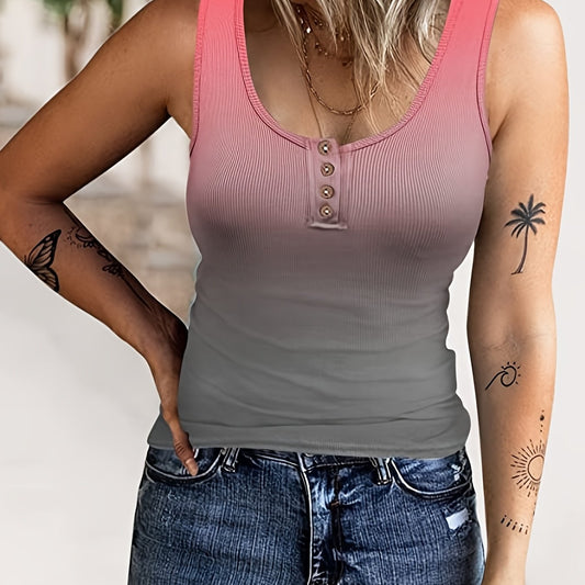 Ombre Print Ribbed Tank Top Plus Size Round Neck Casual Tank Top