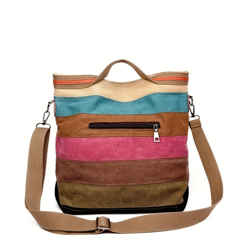 Rainbow Canvas Tote Bag Vintage Stitching Shoulder Bag