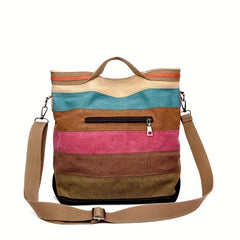 Rainbow Canvas Tote Bag Vintage Stitching Shoulder Bag