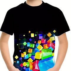 Breathable 3D Cube Graphic Tee for Boys - Ideal for Summer
