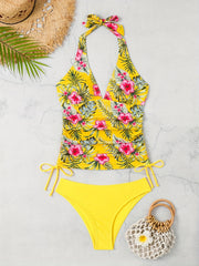 Tropical Print Tankini Set Drawstring Tie Swimsuit